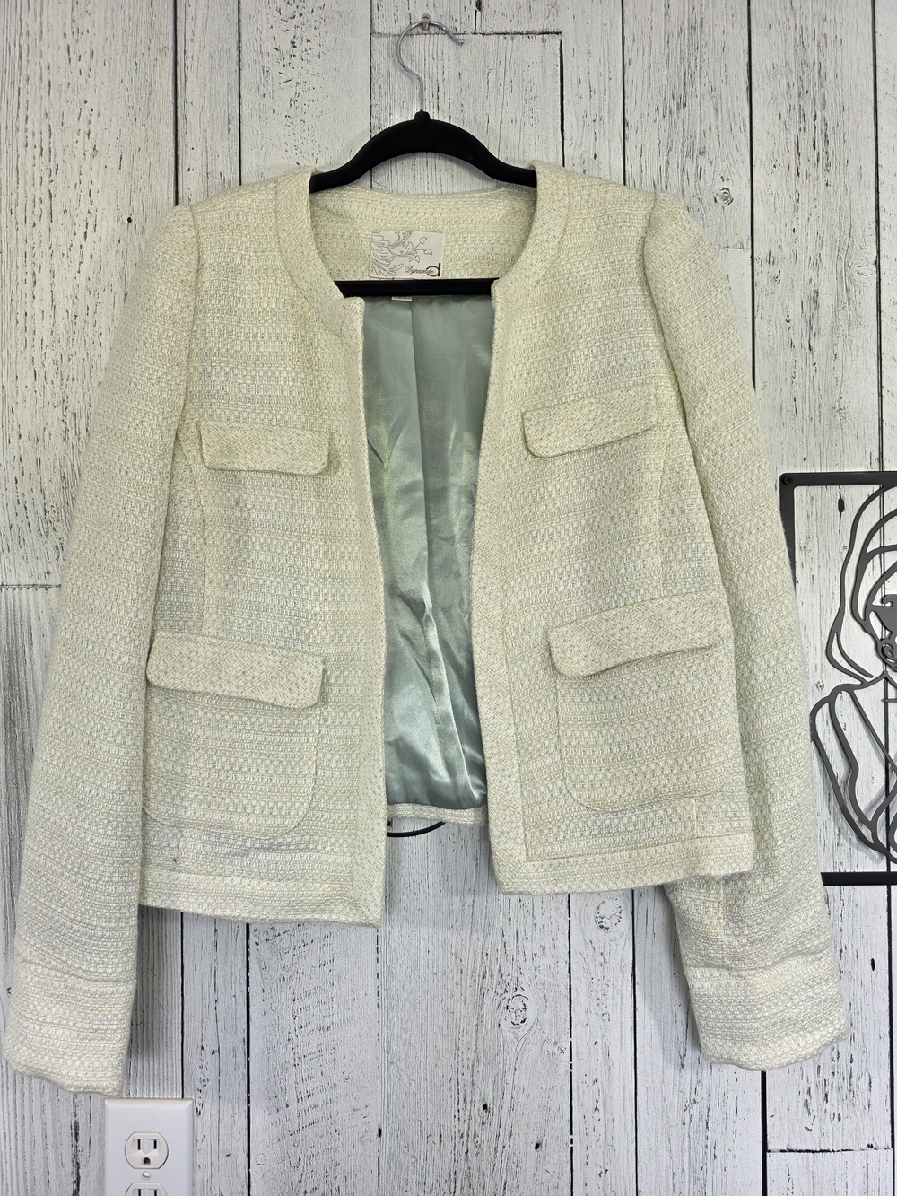 Dynamite Cream Tweed Open Front Blazer Jacket Size Large Business Office Attire